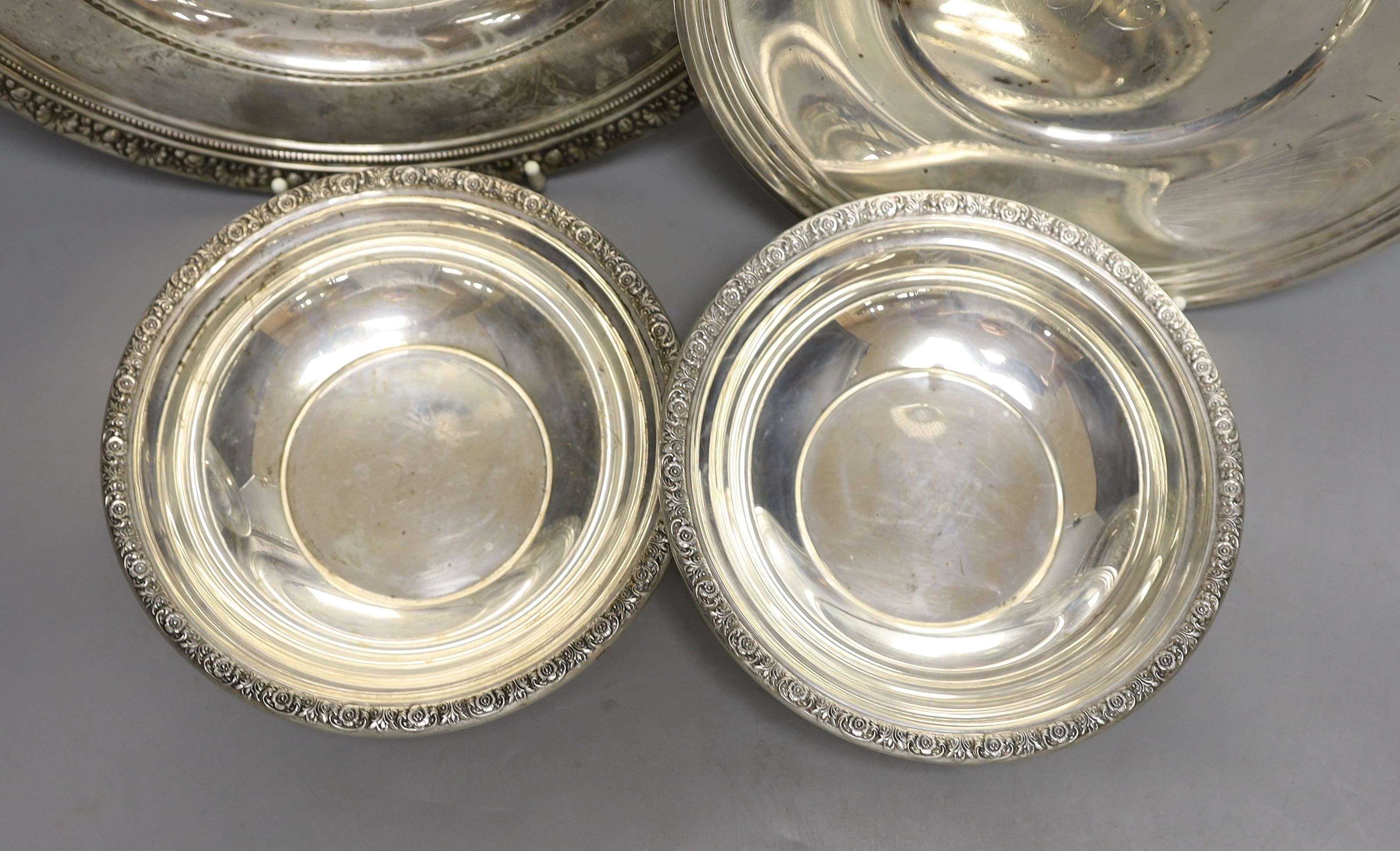 A pair of sterling bowls and tow sterling dishes including Reed & Barton and Gorham, 17.2oz.